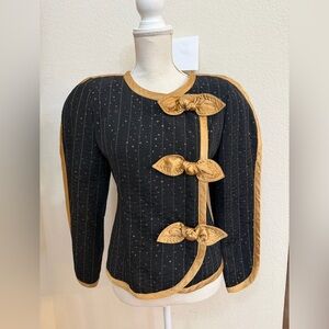 Vtg 80s avant garde Collection Jeanne Marc quilted jacket black gold bows Sz P 2